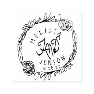 Tampon Auto-encreur Logo mariage Rose Verdure Wreath Main tirée