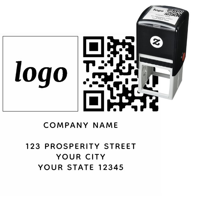 Tampon Auto-encreur Logo simple Code QR Adresse de retour de l'entrepr (Simple logo with custom text business branding promotional QR code return address stamp)
