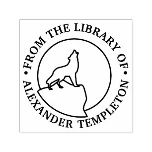 Tampon Auto-encreur Loup rustique hurlant à la lune, bibliothèque d'ar