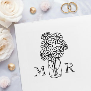 Tampon Auto-encreur Mason Jar Daisy Fleurs Mariage Monogrammes Initial