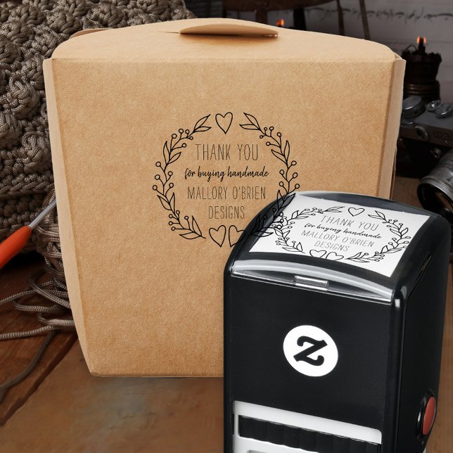 Tampon Auto-encreur Merci Doodle Botanique Wreath Personnalisé (Thank you for buying handmade.. self-inking stamp with business name and line drawn wreath)