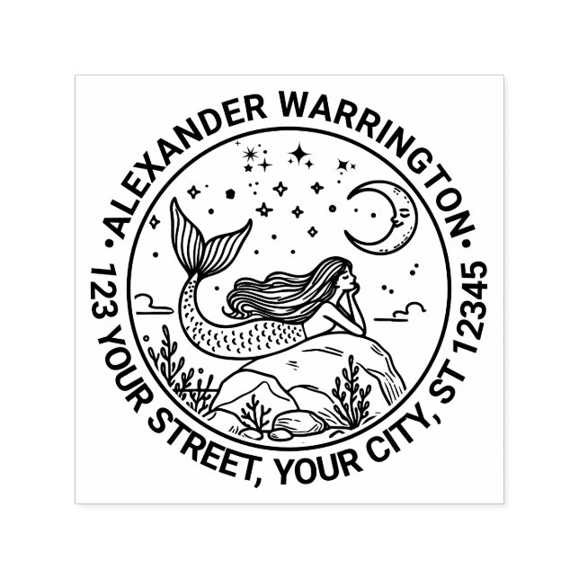 Tampon Auto-encreur Mermaid Lying on Rocks Moon Nom Adresse de retour (Design)