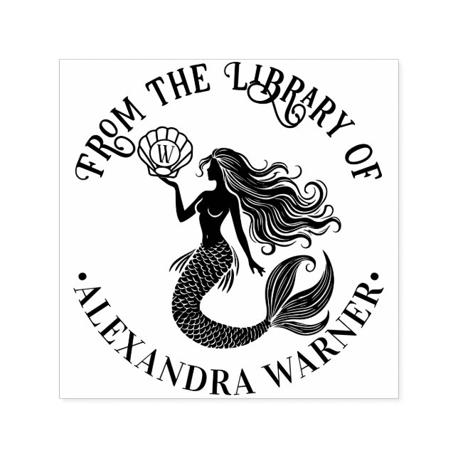 Tampon Auto-encreur Mermaid Siren Silhouette Bibliothèque Nom du livre (Design)
