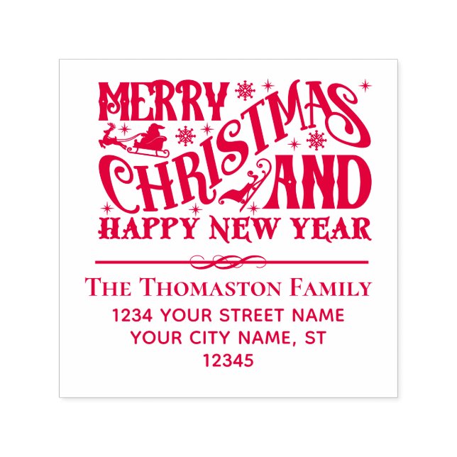 Tampon Auto-encreur Merry Christmas and Happy New Year Name Address (Design)