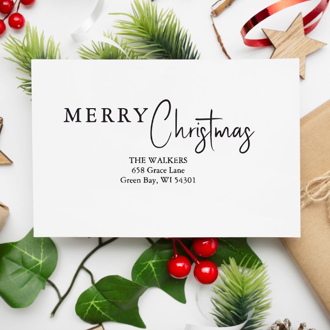 Tampon Auto-encreur Merry Christmas Minimalist Family Address  (Merry Christmas Minimalist Family Address Modern Calligraphy Script self-inking stamp.)