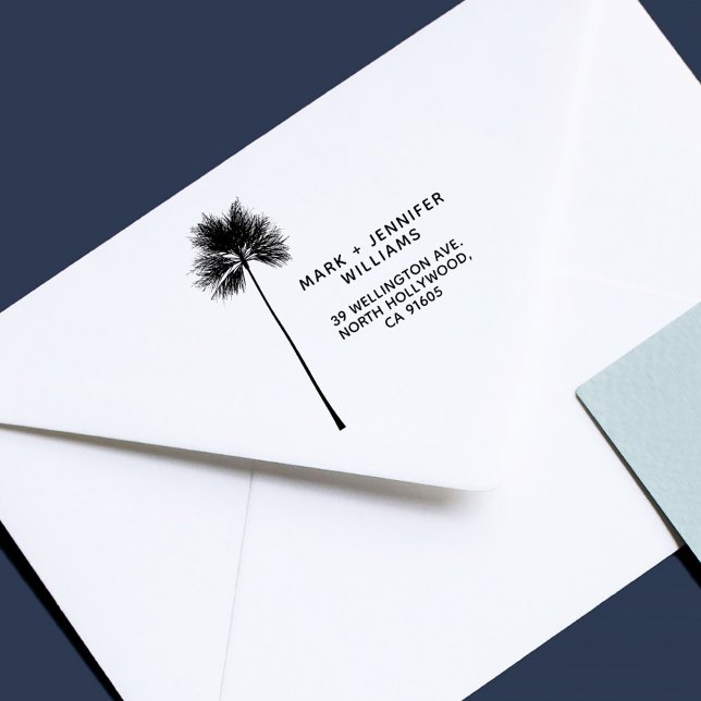 Tampon Auto-encreur Mini Palm Tree 2 Noms Adresse de retour (Modern tropical palm tree married couple return address stamp)