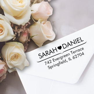 Tampon Auto-encreur Minimal Heart Line Custom Name & Address Wedding 