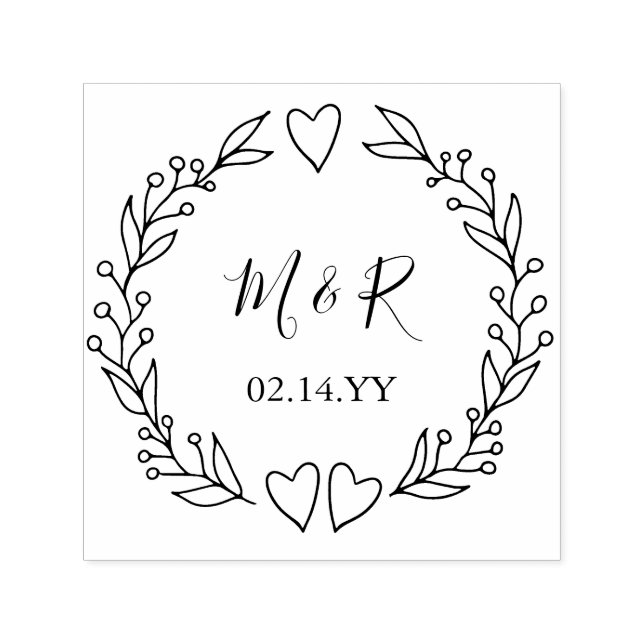 Tampon Auto-encreur Monogramme Mariage Date Doodle Botanique Wreath (Design)