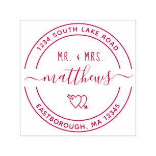 Tampon Auto-encreur Mr & Mrs Heart 8 Custom Round Return Adresse