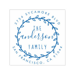 Tampon Auto-encreur Nom de famille Rustic Script & Wreath Adresse de r