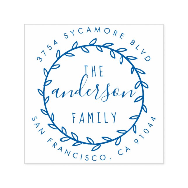 Tampon Auto-encreur Nom de famille Rustic Script & Wreath Adresse de r (Design)