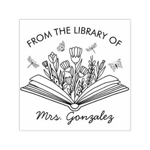 Tampon Auto-encreur Open Book Flowers Dragonflies Teacher Library