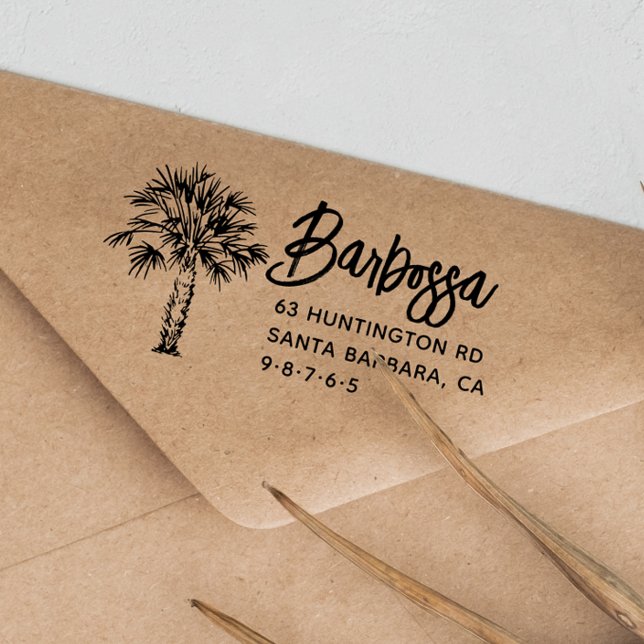 Tampon Auto-encreur Palm Tree Modern Script Nom de famille Adresse de  (Palm Tree Modern Script Family Name Return Address Self-inking Stamp)