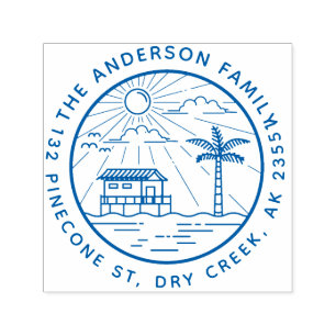 Tampon Auto-encreur Palm Tree & Sun Round Nom de famille Adresse