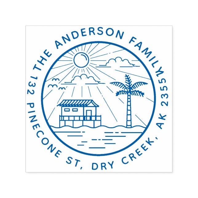 Tampon Auto-encreur Palm Tree & Sun Round Nom de famille Adresse (Design)