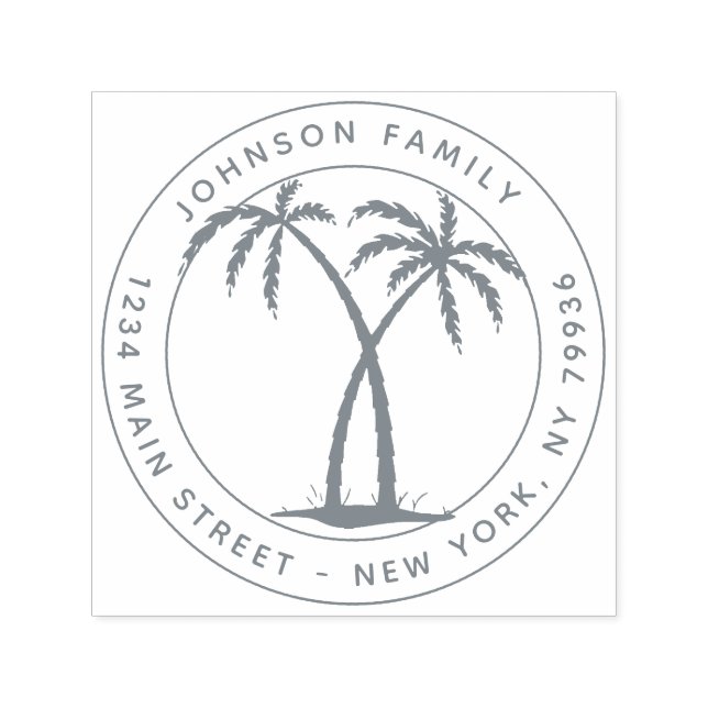 Tampon Auto-encreur Palm Trees Nom de famille Modern Round Retour Adre (Design)
