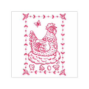 Tampon Auto-encreur PAYS HEN, NEST, OEUFS, POULET ART DE FOLK BORDER n
