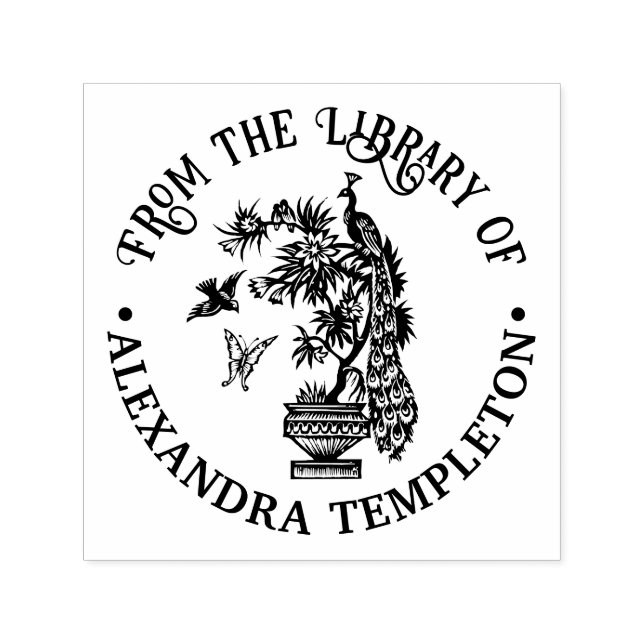 Tampon Auto-encreur Peacock on Plante Butterfly Bird Library Nom du li (Design)