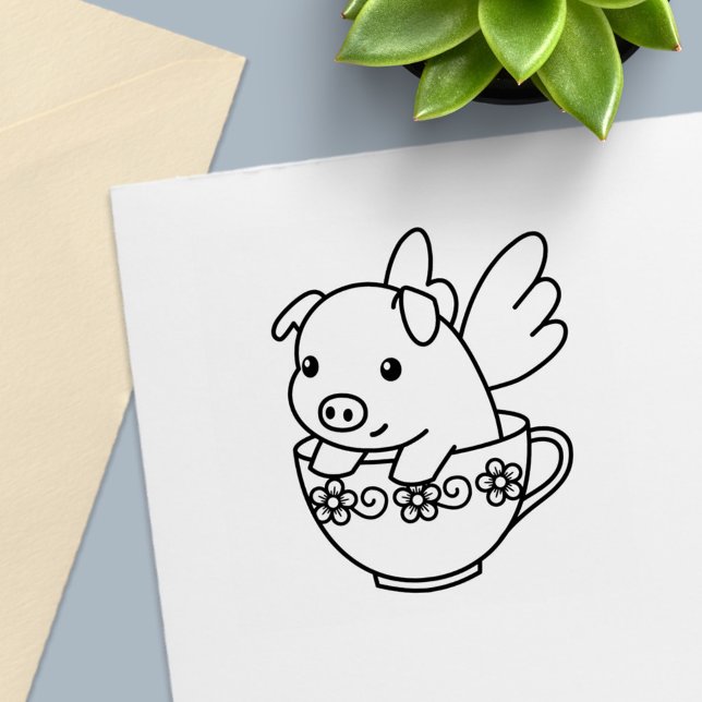 Tampon Auto-encreur Pig volant - Piglet avec ailes dans une Teup (Créateur téléchargé)