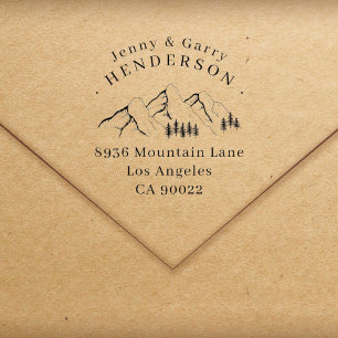 Tampon Auto-encreur Pine tree Mountains Couple Mariage Adresse de reto