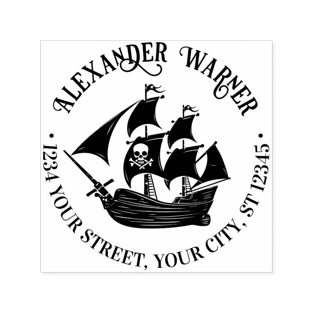Tampon Auto-encreur Pirate Ship Skull Crossbones Nom Adresse de retour (Design)