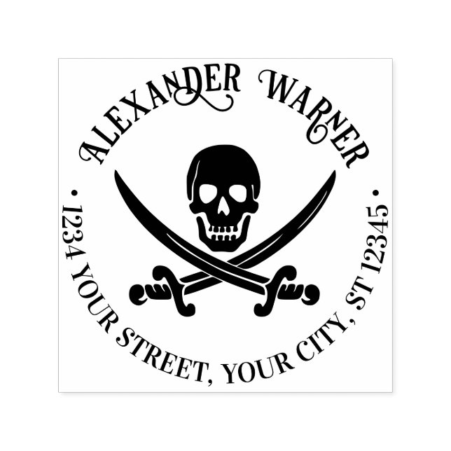 Tampon Auto-encreur Pirate Skull Crossed Mots Nom Adresse de retour (Design)