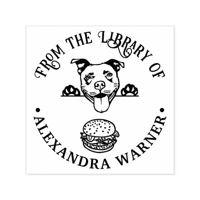 Tampon Auto-encreur Pit Bull Terrier Eying Burger Nom du livre (Design)