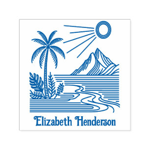 Tampon Auto-encreur Plage Palm Tree Mountain avec nom facultatif