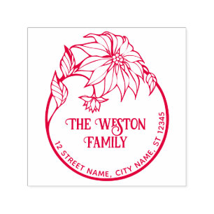Tampon Auto-encreur Poinsettia Frame Joyeux Noël #2 Nom Adresse de ret