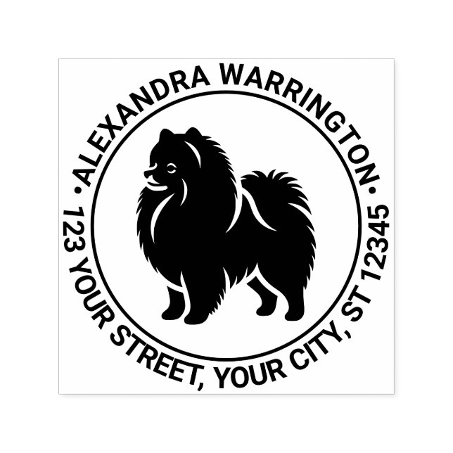 Tampon Auto-encreur Pomeranian Pom Dog Standing Silh Nom Ret Adresse (Design)