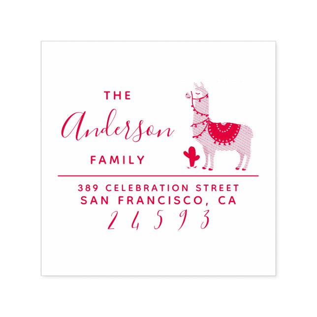 Tampon Auto-encreur Red Llama & Succulent Nom de famille Adresse de re (Design)