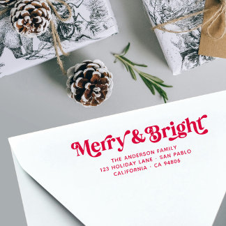 Tampon Auto-encreur Red White Merry Bright Retro Xmas Adresse de retou
