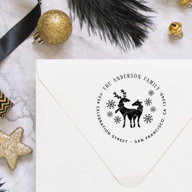 Tampon Auto-encreur Reindeer & Snowflakes Adresse de retour de Noël (Créateur téléchargé)