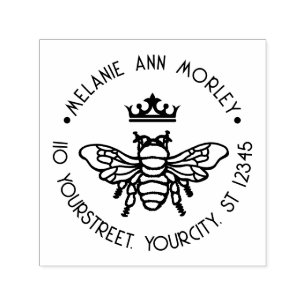 Tampon Auto-encreur Reine Abeille avec Couronne Ronde Nom Adresse de R
