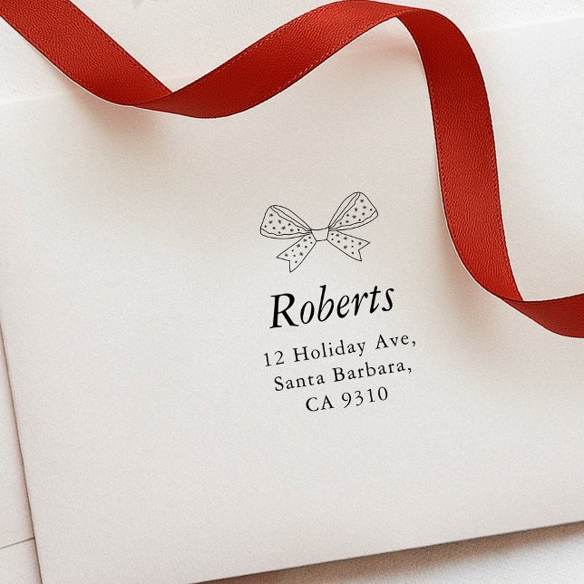 Tampon Auto-encreur Ribbon Bow Whimsical Nom et adresse de famille (Christmas return address stamp with a bow detail and your custom name and address)
