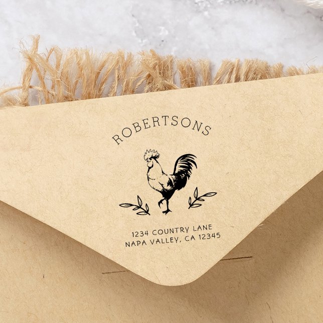 Tampon Auto-encreur Rooster rustique | Adresse de retour du nom de fam (Créateur téléchargé)