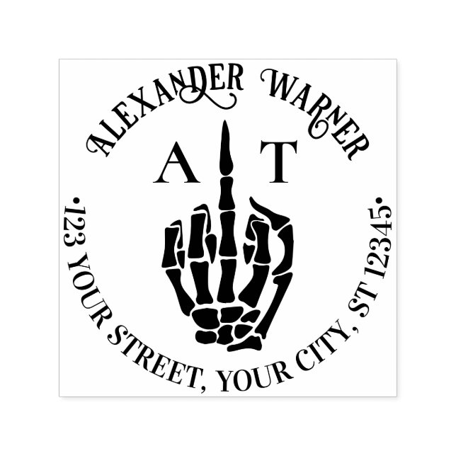 Tampon Auto-encreur Rude Skeleton Main Middle Finger Nom Init Adresse (Design)