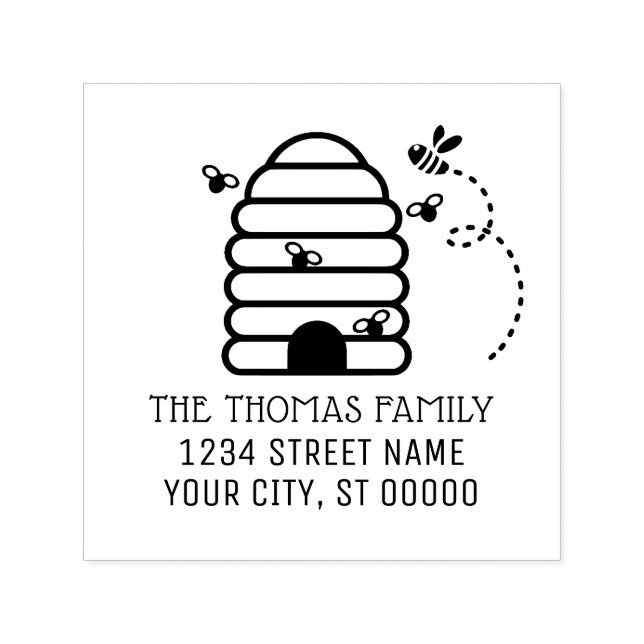 Tampon Auto-encreur Rustic Beehive and Flying Bees Name Address (Design)