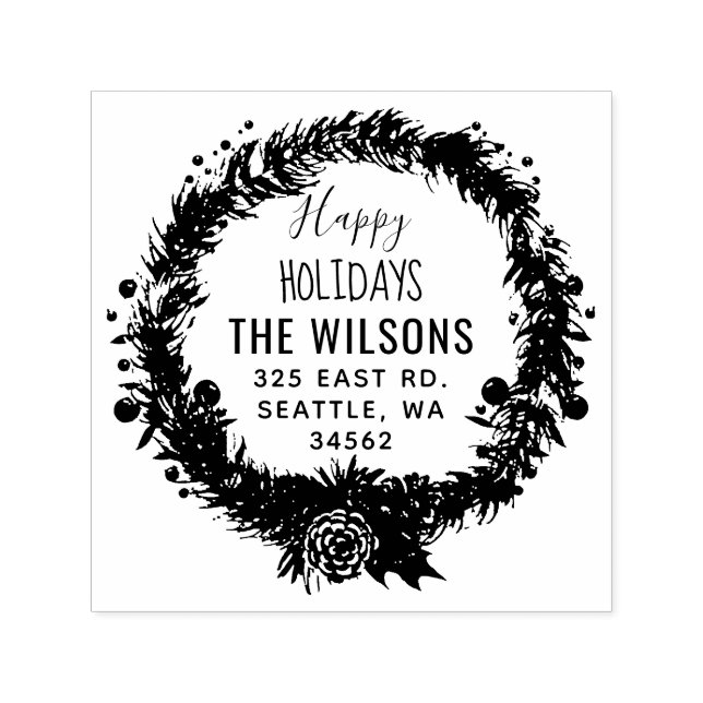Tampon Auto-encreur Rustic Pine Wreath Holidays Adresse de retour (Design)