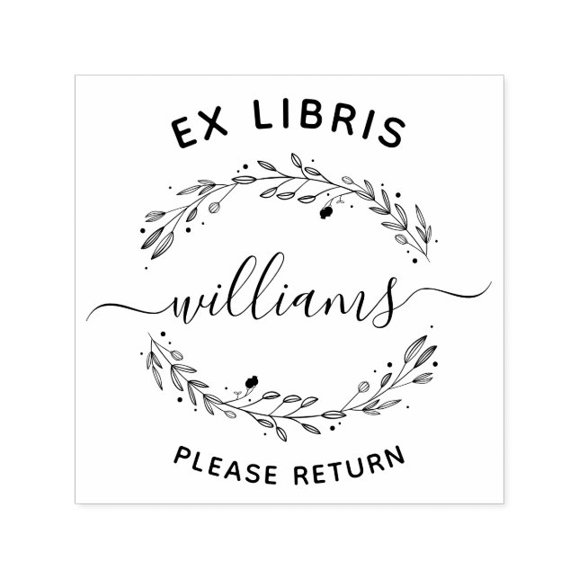 Tampon Auto-encreur Script Feuille rustique Nom de famille Ex Libris L (Design)