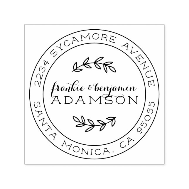 Tampon Auto-encreur Script rustique Round Marié Couple Adresse de reto (Design)