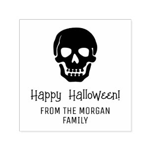 Tampon Auto-encreur Silhouette de crâne gothique Joyeux Halloween Nom