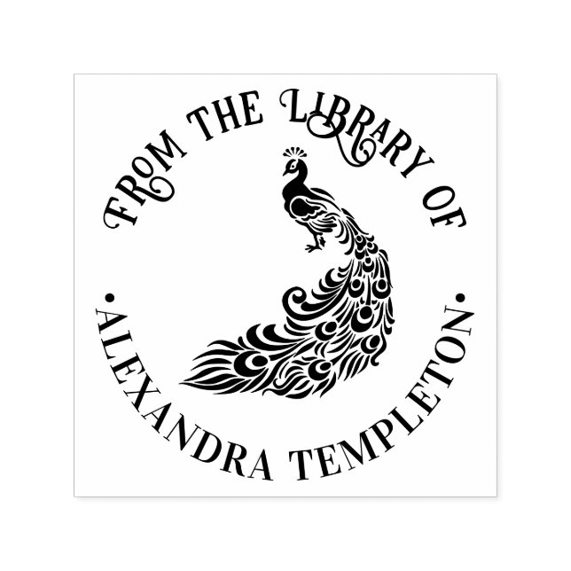 Tampon Auto-encreur Silhouette de paon #4 “De la bibliothèque de” Nom  (Design)