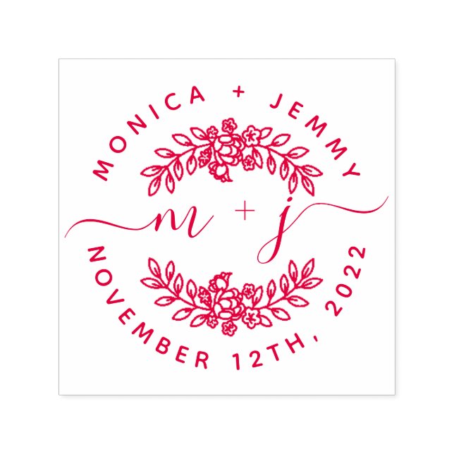 Tampon Auto-encreur Simple Custom Leaves Initials Script Round Wedding (Design)