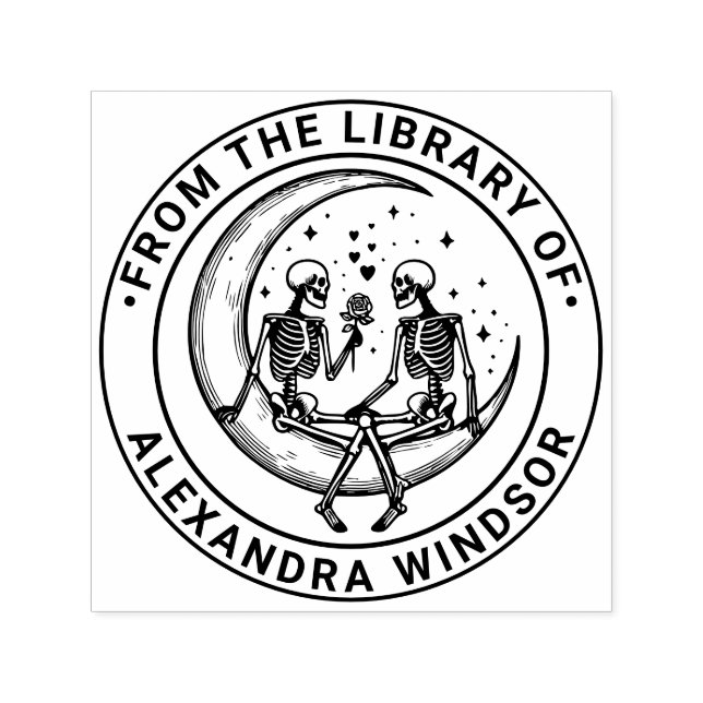 Tampon Auto-encreur Skeleton Couple sur Crescent Moon Nom du livre (Design)