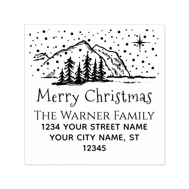 Tampon Auto-encreur Snowy Christmas Mountains Arbres Nom Ret Adresse (Design)