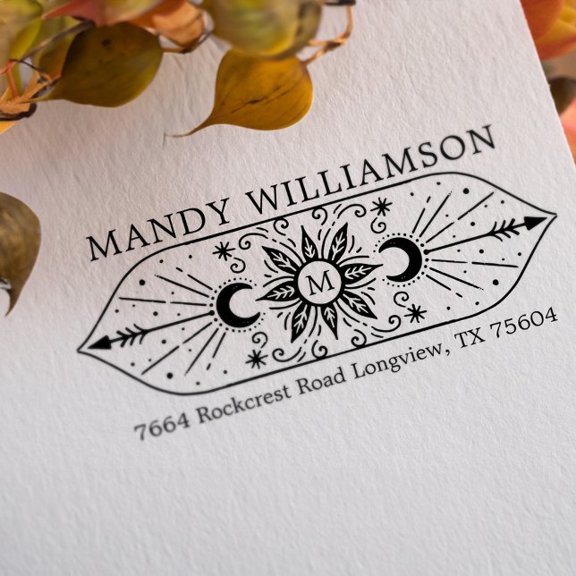 Tampon Auto-encreur Soleil céleste holistique et monogramme lunaire (Holistic Spiritual Celestial Sun & Moon Monogram Self-inking Stamp)