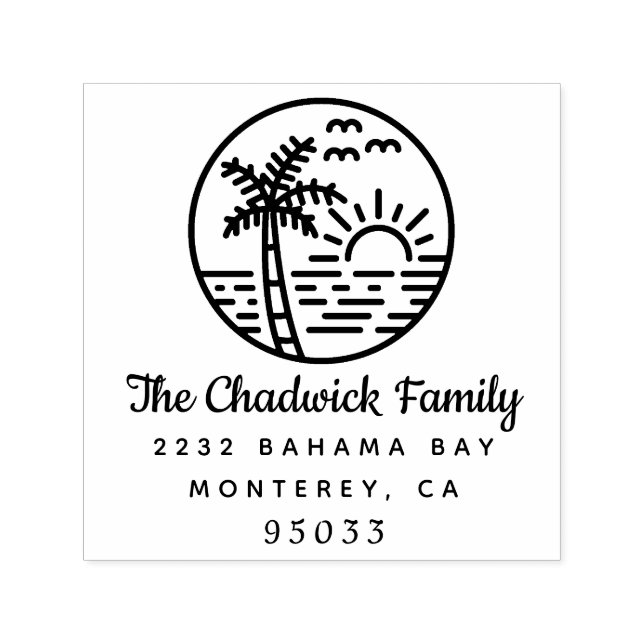 Tampon Auto-encreur Sunset Ocean Palm Tree Script Nom de famille Adres (Design)