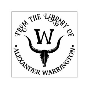 Tampon Auto-encreur Taureau Longhorn Crâne de Vache Bibliothèque Nom d