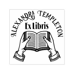Tampon Auto-encreur Tenir à la main le livre ouvert #1PS Ex Libris Nom